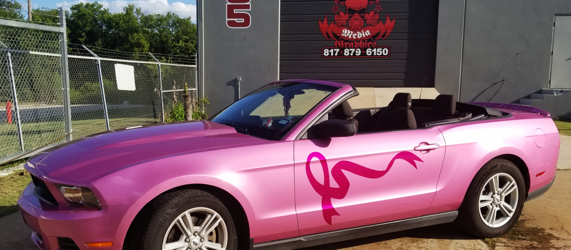 Pink mustang with breast cancer awareness ribbon MMG